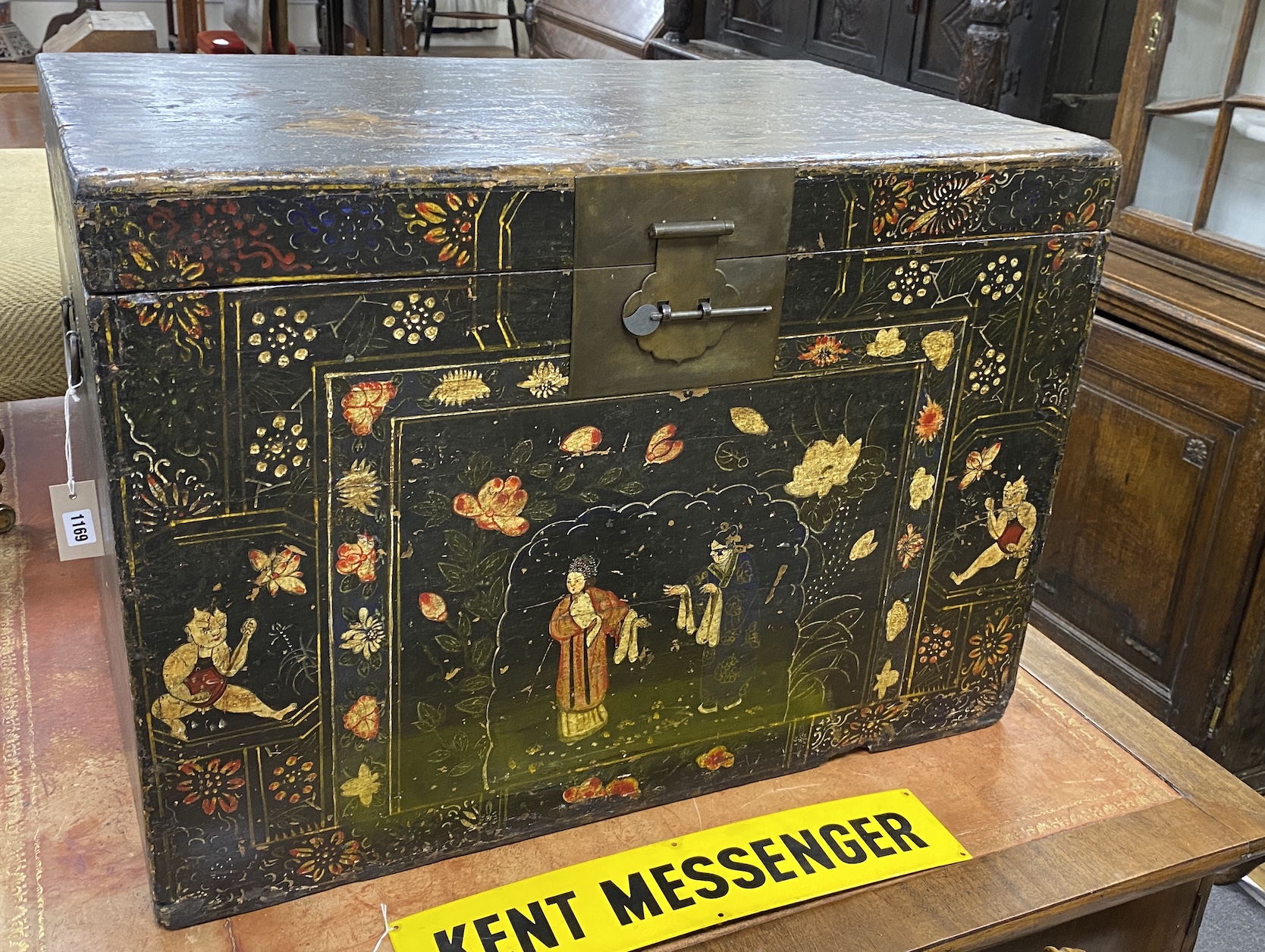 A Chinese lacquer trunk, width 84cm, depth 53cm, height 60cm